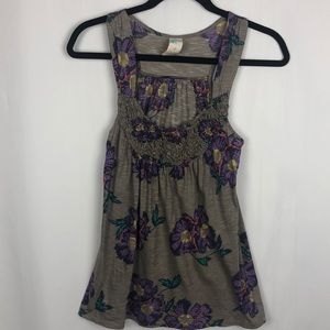 Anthropologie Taupe Tank with Purple Floral Accents